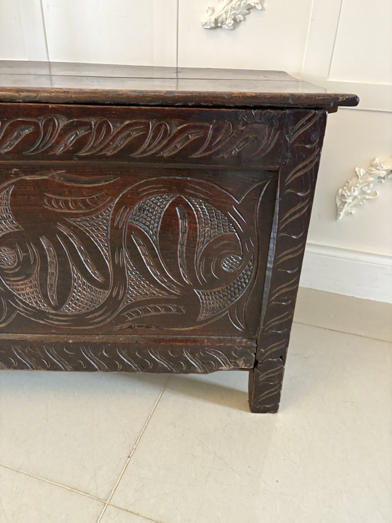Antique 17th Century Quality Carved Oak Coffer - Image 11